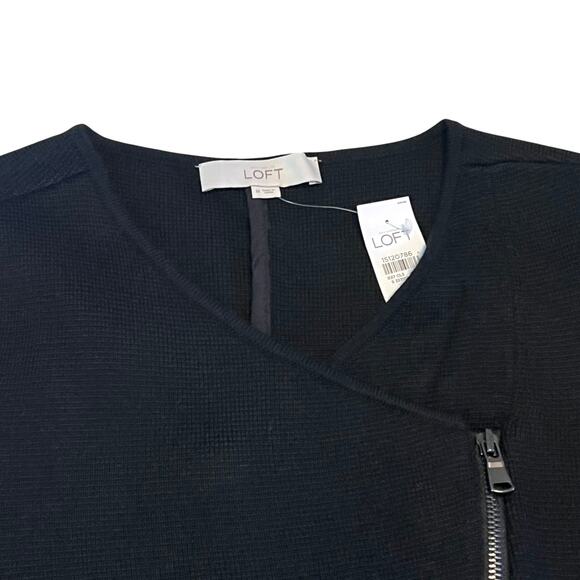 LOFT Black Wool Blend Moto Sweater Jacket Asymmetrical Zip Cardigan Workwear - Picture 4 of 11